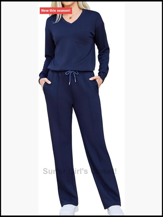 Pants - Women's 2 Piece Lounge Set Side Slit V-Neck Top & Wide Leg Pants Matching Outfit